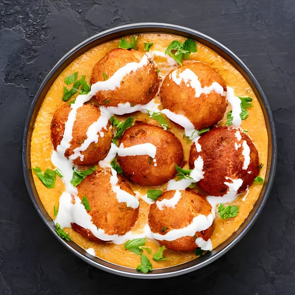 Overhead view of Indian malai kofta, fried potato and paneer balls in a creamy orange sauce.