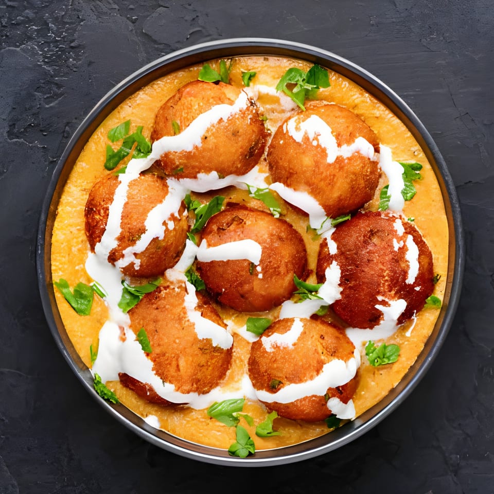 Overhead view of Indian malai kofta, fried potato and paneer balls in a creamy orange sauce.
